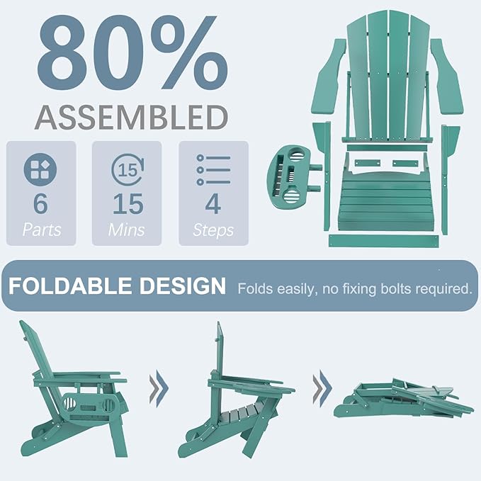 Adirondack Chair Set of 8, HDPE Folding Adirondack Chair with Multifunctional Cup Holder, Weather Resistant Fire Pit Chair for porches, patios, poolsides, Decks.