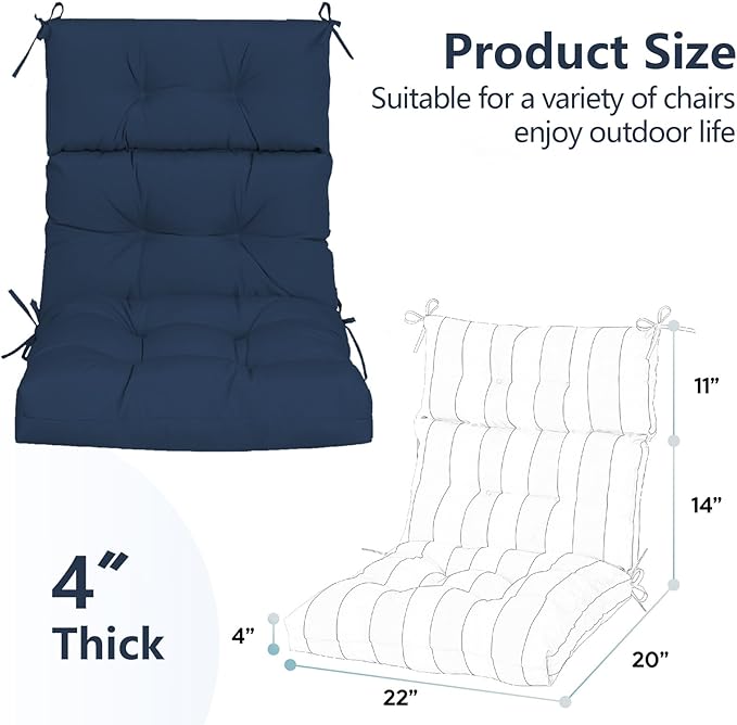 High Back Chair Cushions Set of 2, Adirondack Chair Cushion with Waterproof, Rocking Chair Cushion for Outdoor Patio, Garden Porch 45”x 22”x 4 (2, Navy Blue B)