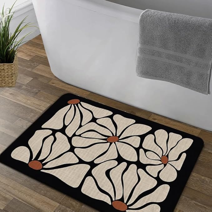 Boho Beige and Black Floral Door Mat - Bohemian Neutral Floral Front Door Welcome Mats Outdoor Entrance, 17x30 Rug