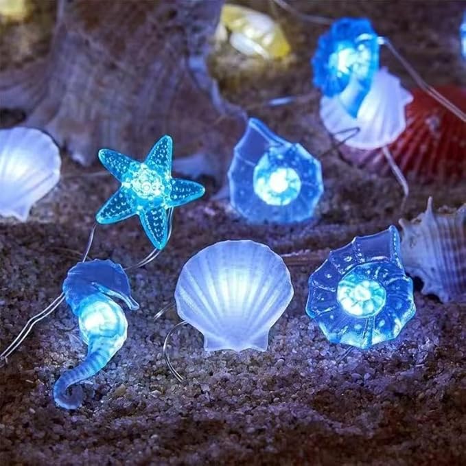 Ocean Decor String Lights Nautical Theme Seashell Seahorse Conch 9.8 ft 30 LED Battery Operated String Lights for Holiday Camping Wedding Christmas Tree Decor (Shell Star Seahorse, 9.8FT)