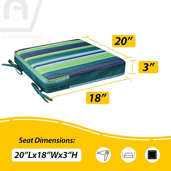 AAAAAcessories Outdoor Seat Cushions for Chairs, Waterproof, Fade-Resistant, 20" x 18" x 3", Patio Furniture Replacement Cushions, Set of 2, Ash Teal Seaside Stripe