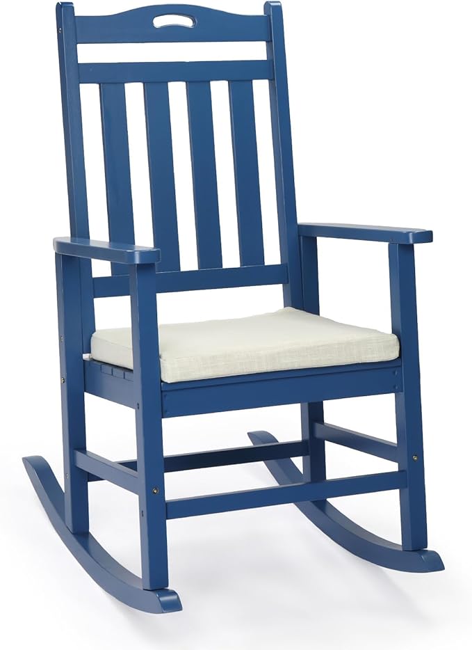 VINGLI Outdoor Rocking Chair, Heavy Duty 450 lbs Poplar Wooden Rocking Chair with High Backrest Design, Come with a Cushion, All-Weather Lounge Rocker Support for Garden, Deck (Navy Blue)