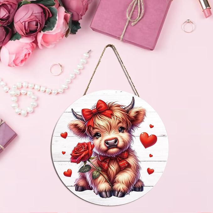 Valentines Day Wall Decor, Valentines Day Door Decorations, Gift for Boyfriend Girlfriend, Heart Rose Bow Highland Cow Wood Hanging Sign Anniversary Porch Home Bedroom Office Door Decor