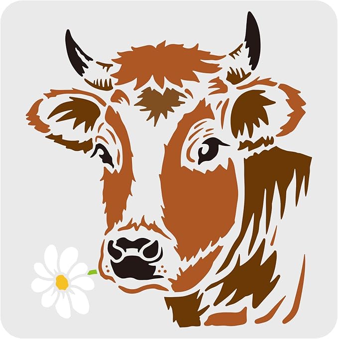FINGERINSPIRE Cow Flower Stencil - 11.8x11.8inch Reusable Cow Head Stencil with Flower Design for Painting on Wood, Floor, Furniture, Wall and Paper
