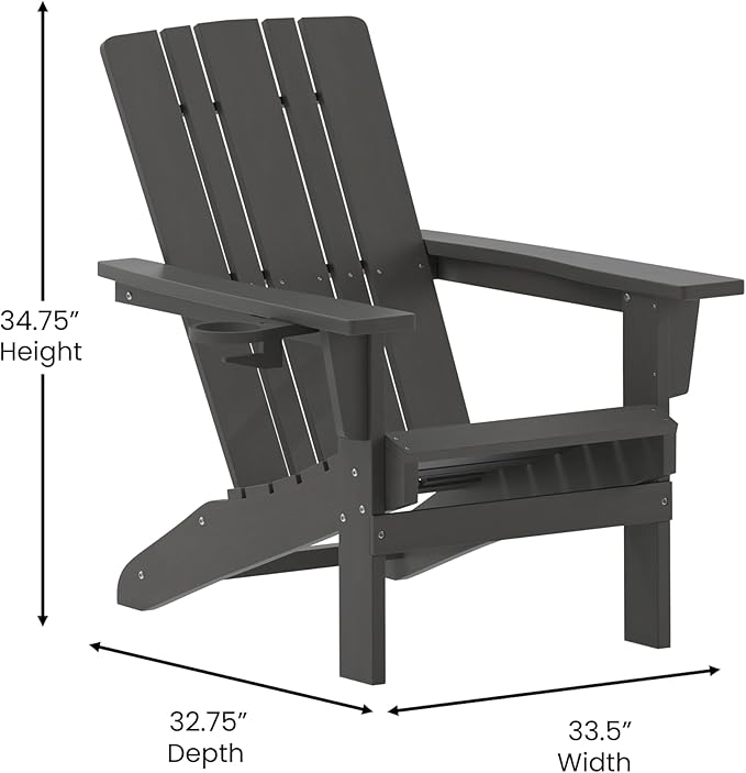 Flash Furniture Halifax Adirondack Chairs with Cup Holders, Weather Resistant Poly Resin Adirondack Chairs, Set of 4, Gray