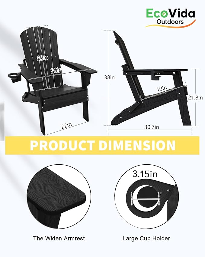 Folding Adirondack Chair 3-Piece Set - 38" Extra Tall Back & Embossed Wood Grain, Oversized HDPE Patio Furniture with Side Table & Cup Holders, 380lb Heavy Duty, Black