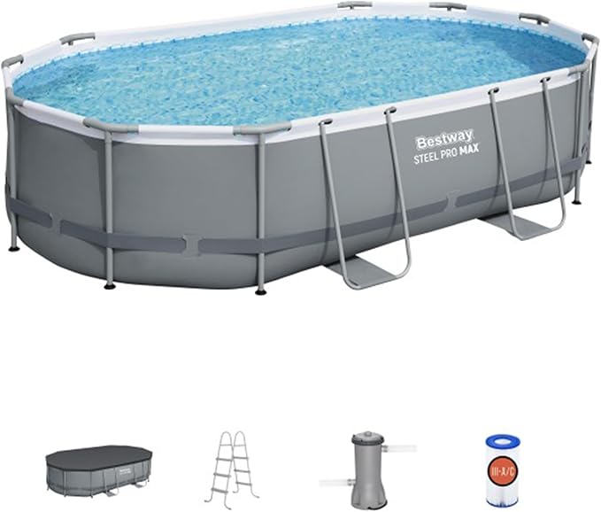 Bestway Steel Pro MAX 16' x 10' x 42" Above Ground Pool, Oval Metal Frame Outdoor Swimming Pool Set with Filter Pump, Ladder, and Cover, Gray