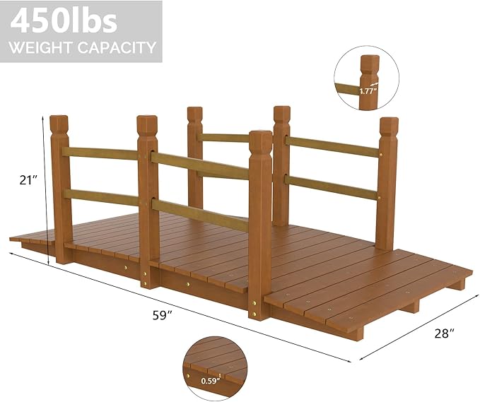 Outvita 5 ft Garden Wooden Bridge Arch Natural Finish with Safety Rails Outdoor Footbridge for Backyard Creek Farm, Decorative Pond Bridge