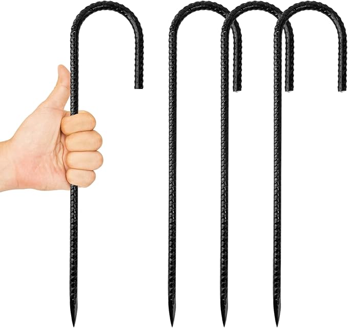 Anothera 4 Pack Steel Rebar Stakes, 12-Inch Heavy Duty J Hook Metal Fence Stake, Rustproof Ground Hooks Anchors for Tents, Plants, Fences and Trampolines