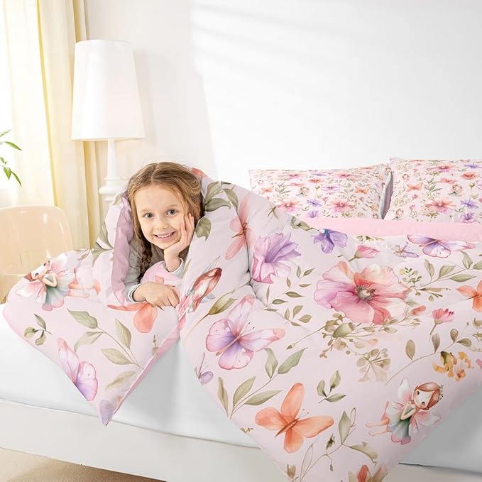 Erosebridal Fairy & Floral Twin Comforter Set - Butterfly Flower Bedding Sets for Girls Kids, Pink Purple Flowers Garden Bed Set | Whimsical Fairies Room Decor with 1 Pillowcase