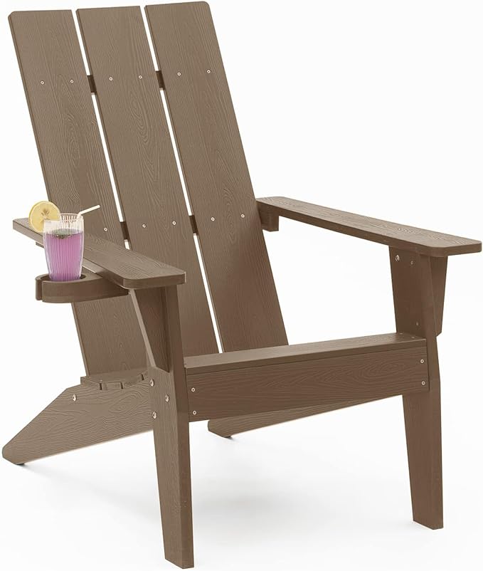 MXIMU Modern Adirondack Chair Weather Resistant with Cup Holder Oversized Fire Pit Chairs Adorondic Plastic Outdoor Chairs for Firepit Area Seating (Teak)