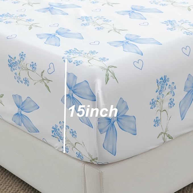 Blue Bow Sheet Set Queen Garden Floral Fitted Sheet Set for Girls Kids Soft Microfiber Fitted Flat Sheets & Pillowcases Cute Princess Style Bowknot Bedding Sets Toddlers 4 Pieces