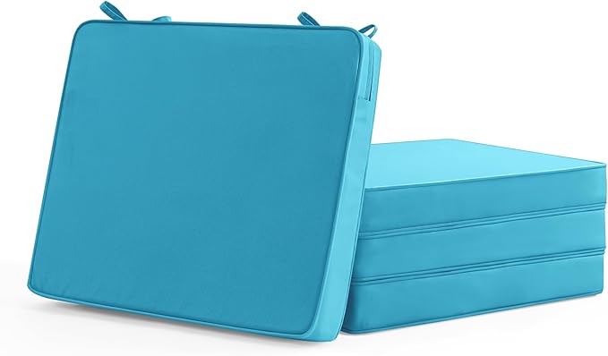 Outdoor Chair Cushions Set of 4: Waterproof & Fade Resistant Deep Seat Cushion for Patio Furniture - 24 x 24 x 3 Inch Chair Pads with Ties and Hidden Zipper - Patio Chair Cushion Replacement, Teal