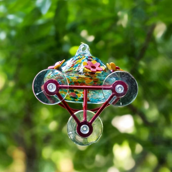 Window Hummingbird Feeder - Hand Blown Glass Mounted Hummingbird Feeder with Strong Suction Cups for Outdoor Window Mount (Blue)
