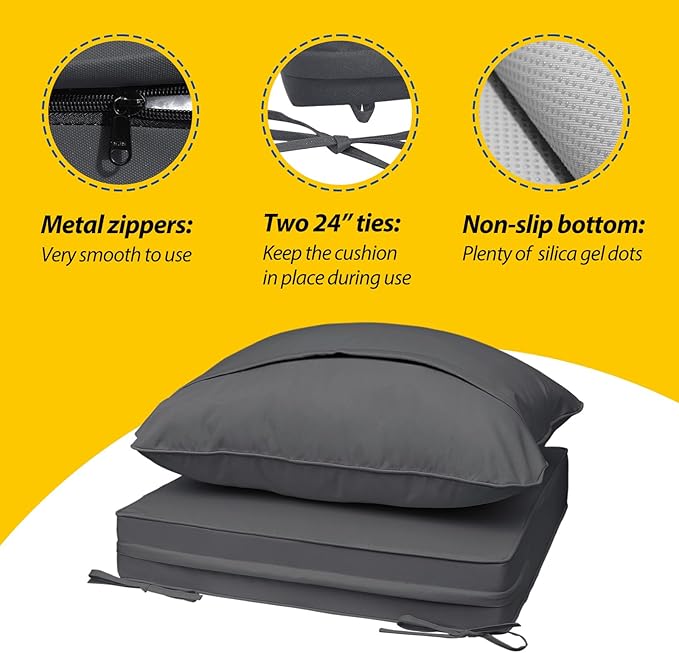 AAAAAcessories Outdoor Seat Cushions for Chairs, Fade-Resistant, Waterproof Patio Furniture Replacement Cushions, 20" x 18" x 3" + 20" x 17", Set of 4, Dark Gray