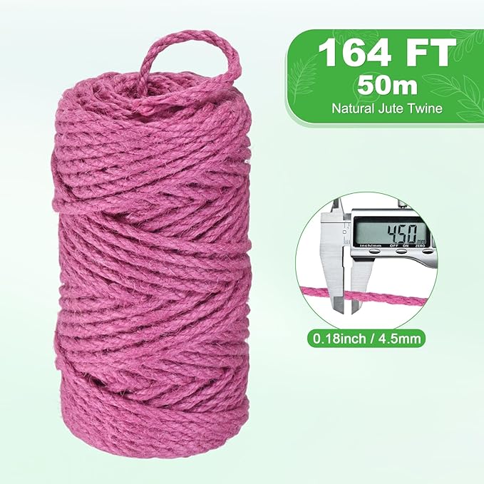 1-Pack Natural Jute Twine String, 4.5mm x 164ft/50m Long Garden Twine String for Crafts/Gift Wrapping/Gardening Plants, Durable Plant Ties Thick Rope [Rose Red]