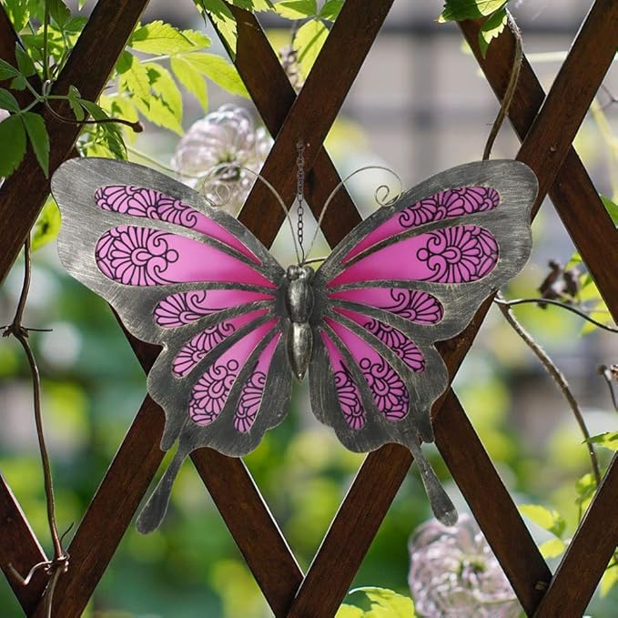 LIFFY Metal Butterfly Wall Decor,12" Glass Butterfly Outdoor Wall Decor,Hanging Garden Decorations Outside for Yard Fence Patio