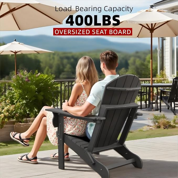 Folding Adirondack Chair, HDPE Plastic Black Adirondack Chairs Weather Resistant, Oversized Outdoor Fire Pit Chairs with Cup Holder and Umbrella Hole for Patio Garden, Lawn and Poolside