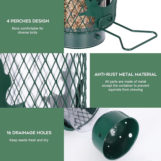Squirrel Proof Bird Feeder for Outdoors Hanging, Metal Mesh Bird Feeder for Outsides with Gravity Protection for Small Birds, Weatherproof and Durable, Green