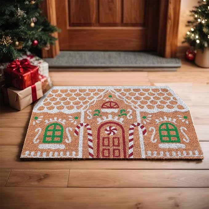 Folkulture Christmas Door Mat Outdoor, Eco Friendly Christmas Door Mats for Front Door, 28 X 16 Inch Welcome Matt or Doormat for Home Entrance, Durable & Anti Slip Coir Door Mats (Gingerbread House)