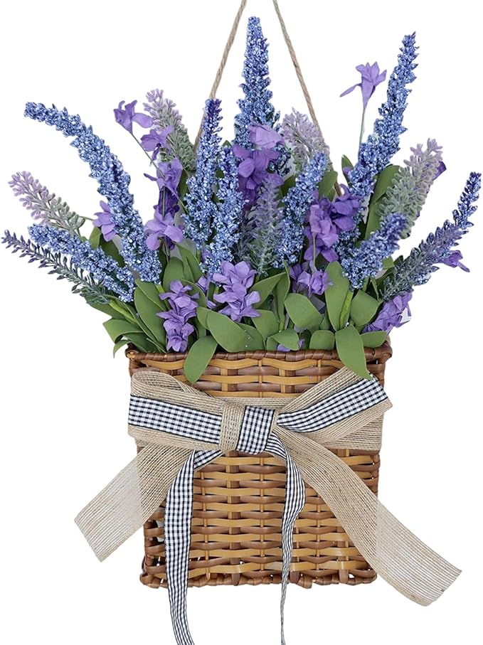 Purple Lavender Wreathes for Front Door, Spring Door Hanger Basket Wreath Artificial Hanging Basket Wreath with Green Leaves for Indoors Outdoor Decor Rustic and Farmhouse Purple Wreathes