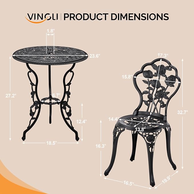 VINGLI 3 PCS Outdoor Bistro Set, Outdoor Patio Set, All-Weather Cast Aluminum Bistro Table Set, Bistro Table and Chairs Set of 2 for Backyard, Garden, Balcony (Black, Rose)