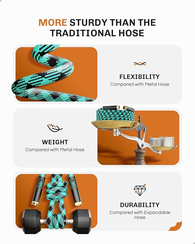 WELLUCK 50 FT Garden Hose - Ultra-Strong 3750D, Flexible Water Hose, Lightweight Non-Expanding hose with 10 Function Sprayer, Leak proof, Pressure Resistant for Yard, Outdoor