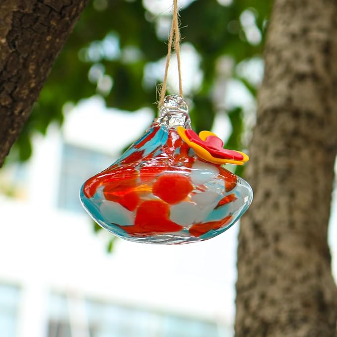 2 Pcs Blown Glass Hummingbird Feeder for Outdoors Hanging, Ant & Bee Resistant Window Bird FeederHandmade Garden Decor Gift for Women - Small Round Glass Feeders Bundle
