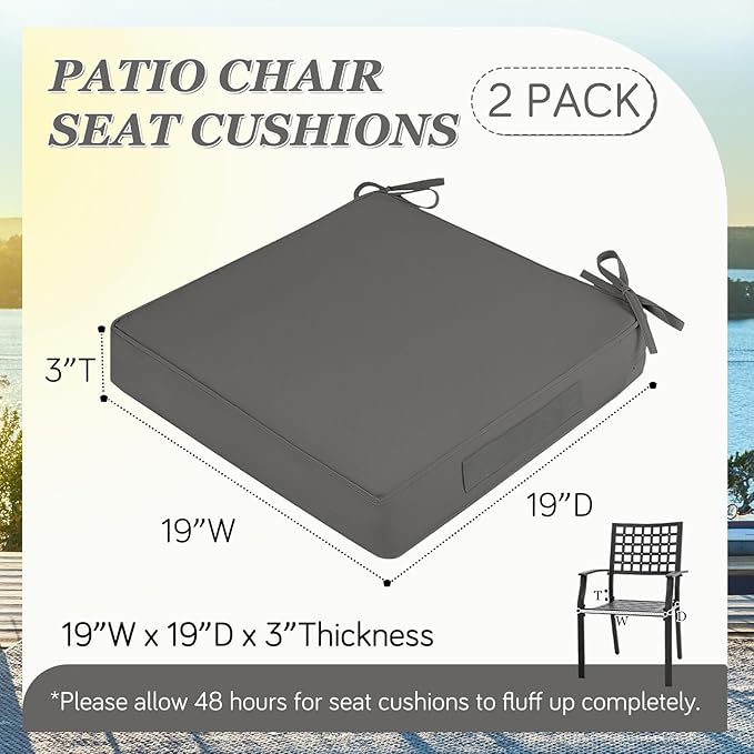 Waterproof Outdoor Chair Cushions Set of 2, Square Outdoor Seat Cushions with Ties and Removable Covers, 19 x 19 Outdoor Cushions for Patio Furniture with Portable Handle(Grey)