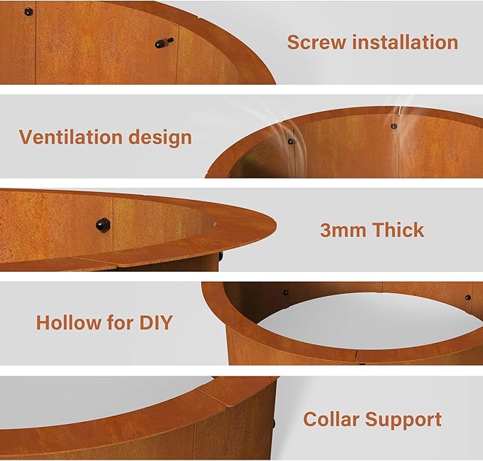 39” Extra Thickened Corten Steel Fire Pit Ring for Outdoor Wood Burning, Heavy-Duty Above & In-Ground Fire Ring, Round Backyard Patio Campfire Accessory for Family Gathering