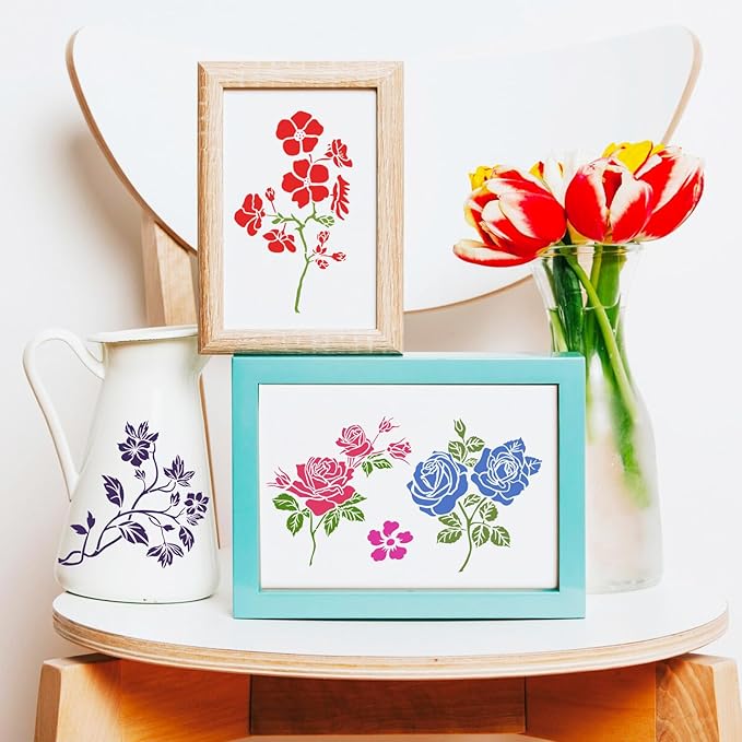 12 PCS Rose Flower Stencils Reusable Rose Cherry Blossom Templates, Plastic Floral Pattern Stencils for Painting on Wood Floor Wall DIY Crafts Home Decorations 7.8 X 7.8 Inch