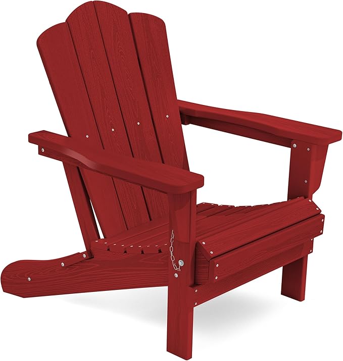 KINGYES Folding Adirondack Chair, HDPE All-Weather Patio Chairs, Wooden Textured Lawn Chair for Poolside, Backyard, Deck, Fire Pit, Red