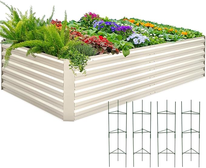 Quictent Galvanized Raised Garden Bed Metal Planter Box Bottomless for Backyard Outdoor, Include 1 pc Tomato Cage, Beige, 6x3x2 Ft