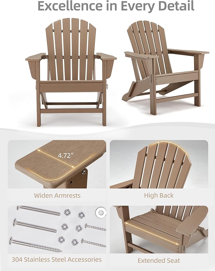 Folding Adirondack Chair - Durable HDPE Poly Lumber All-Weather Resistant, Foldable Oversized Balcony Porch Patio Outdoor Chair for Lawn, Backyard, Garden, Camping - Easy Installation, Pale Ocre