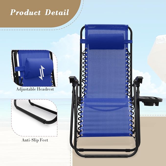 Athena Collection Zero Gravity Chair, Outdoor Lounge Chair with Adjustable Pillow and Cup Holder, Reclining Camping Chair for Outside Beach Lawn Garden Patio Poolside Set of 2 - Blue
