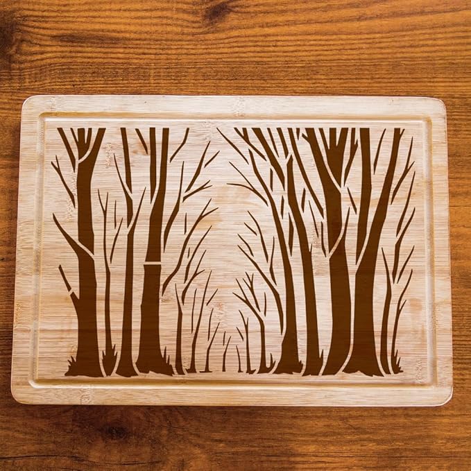 FINGERINSPIRE 4PCS Forsest Painting Stencil with Plastic Brush 8.3x11.7inch Hollowed Trees Grass Drawing Template Pathway in Forsest Stencil Reusable Plant Theme Template for Adults Painting on Wood