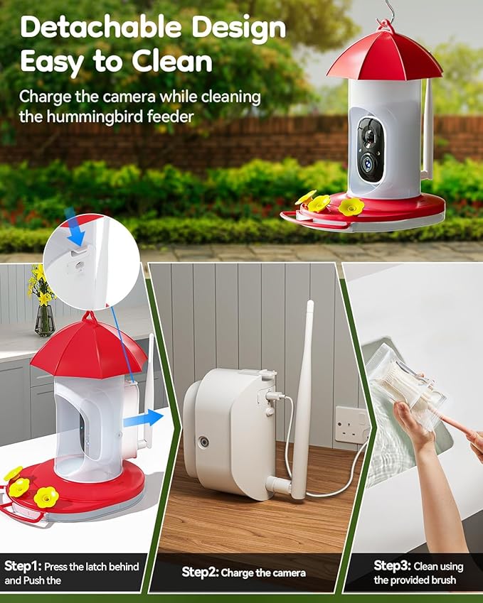 Hummingbird Feeder with Camera, Hummingbird Feeders for Outdoors with 2K Bird Watching Camera, AI Identify Species, Ant & Bee Proof, Instant Notification, Idea Gift for Bird Lover