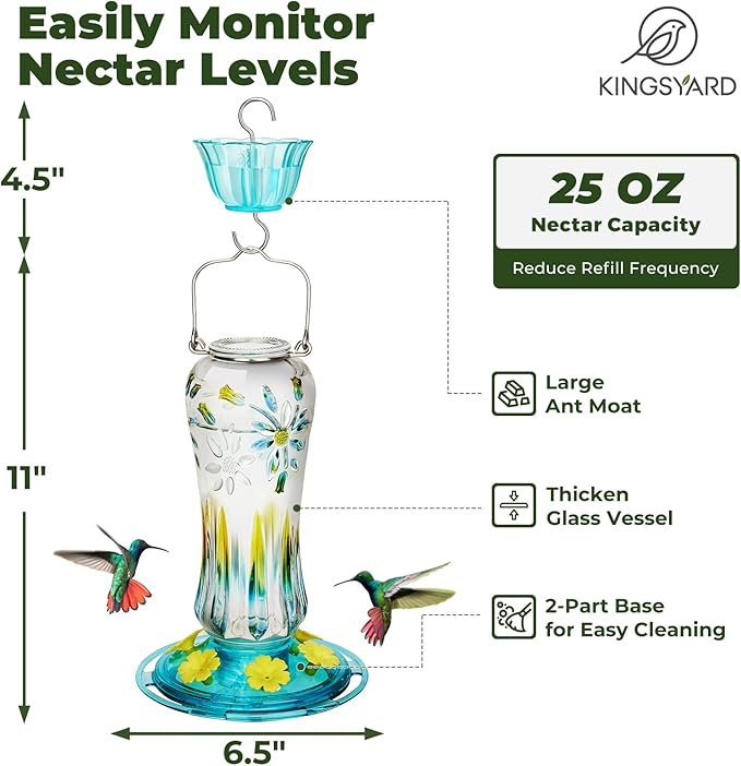 Kingsyard Hummingbird Feeder for Outdoors Hanging, 25 Ounces, Glass Humming Bird Nectar Feeder with Ant Moat & 6 Feeding Ports, Leak Proof, Turquoise
