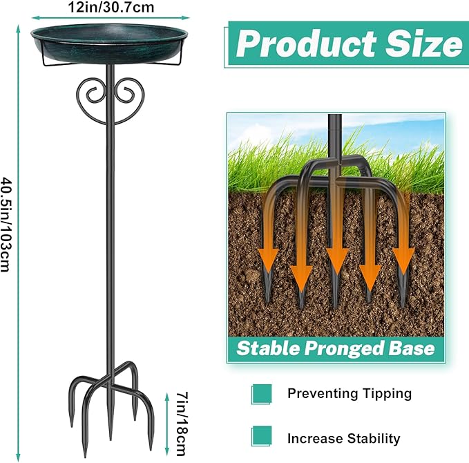 Metal Bird Bath for Outside,Vintage Freestanding Bird Bath with Metal Stake Upgraded 5 Pronged Base Detachable Birdbaths Feeder Bowl for Outdoors Garden Patio Yard Lawn Decor (Vintage Green)