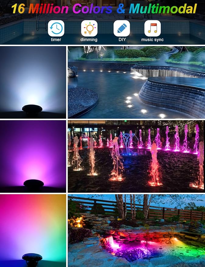 RGB Underwater Pond Lights,Super Bright 18 LED Submersible Fountain Lights,Bluetooth APP Control IP68 Waterproof Color Changing Spotlights for Fish Aquarium Tank Garden Yard Pool(Set of 12)