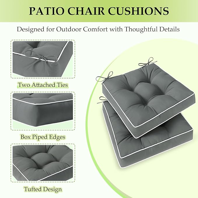 HARBOREST Outdoor Chair Cushions Set of 2, Tufted Patio Chair Cushions with Ties, Square Corner Outdoor Cushions for Patio Furniture, Lawn Chairs, Wicker Chairs, 17" x 17" x 5", Grey