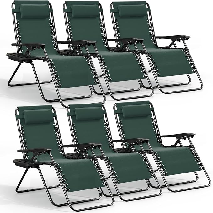 Nestl Zero Gravity Chairs Set of 6, Patio Lounge Chair Outdoor with Pillows & Cup Holder Trays, Adjustable Steel Mesh Reclining Camping Chair, Folding Patio Lawn Chair for Deck, Beach - Forest Green