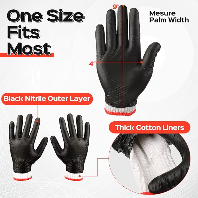 Janmercy 200 Pcs Disposable Nitrile BBQ Gloves Kit with 8 Washable Cotton Liners 5mil for Grilling Cooking Baking Gloves(X-Large,Black, White)