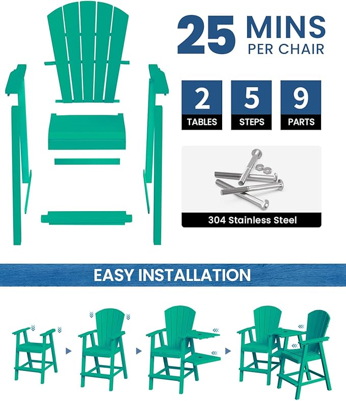 Ciokea Tall Adirondack Chairs Set of 2, HDPE Outdoor Adirondack Bar Stools with Double Connecting Tray, Weather Resistant High Back Adirondack Balcony Chairs for Deck, Lawn, Pool, Backyard, Lake Blue