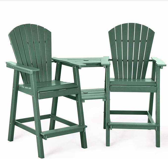 Tall Adirondack Chairs Set of 2, HDPE Balcony Chair with Double Connecting Tray, Weather Resistant Outdoor Adirondack Bar Stools for Patio, Deck, Patio, Backyard, Balcony. (Dark Green)