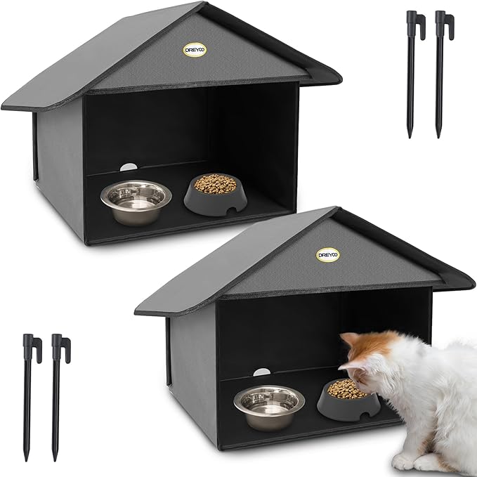 Dreyoo Outdoor Cat Feeding Station for Food & Water, Weatherproof Outdoor Kitty Dining Room Cat Shelter for Stray, Feral Cats and Community Cats, 13”d x 17”w x 15.5'h (Dark Grey)