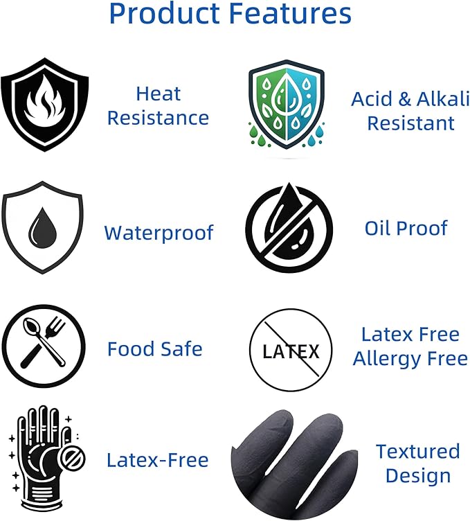 BBQ Gloves Disposable Heat Resistant - 4 Reusable Cotton Liners & 100 Nitrile Gloves for Barbecue Smoker, Grilling, Cooking Hot Meat, Food Prep - 5Mil, Non-Slip Grip, Black Large