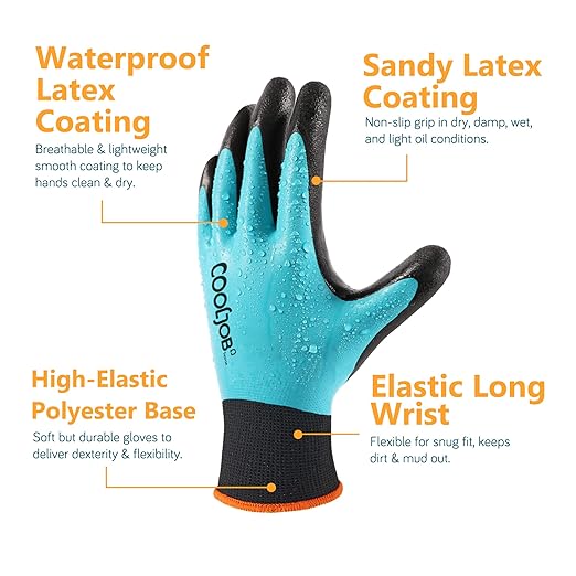COOLJOB Waterproof Gardening Work Gloves with grip for Women & Men, Double Rubber Coated for Garden Yard Outdoor Construction Worker, Blue Medium Size 2 Pairs