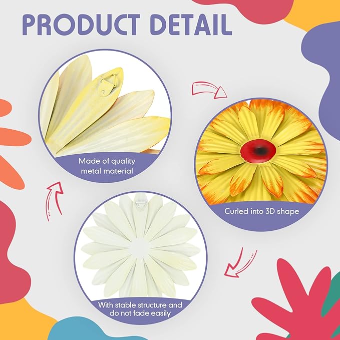 Zhehao 6 Pcs Metal Flower Wall Art Decor 8 Inch Sunflower Wall Decorations Hanging Outdoor Art Multicolored Handmade Metal Flowers Outdoor Decor(Cute Color)