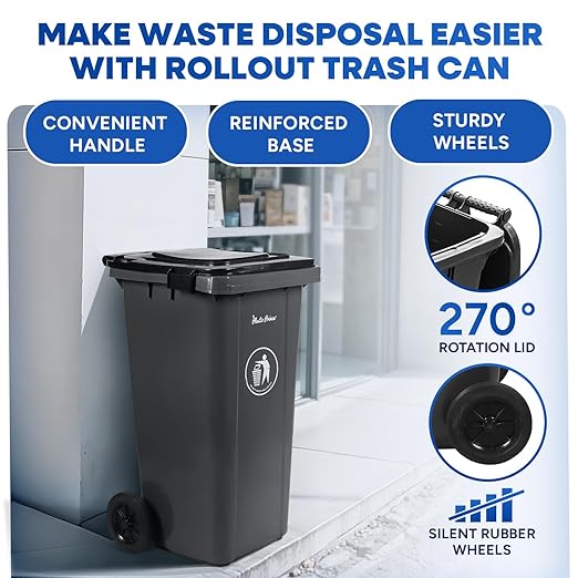 32 Gallon Trash Can with Wheels and Locking Lid Lockable Outdoor Trash Can with Wheels Garbage Can Lockable Lid Commercial Heavy-Duty Waste Bin Rolling, Plastic Gray